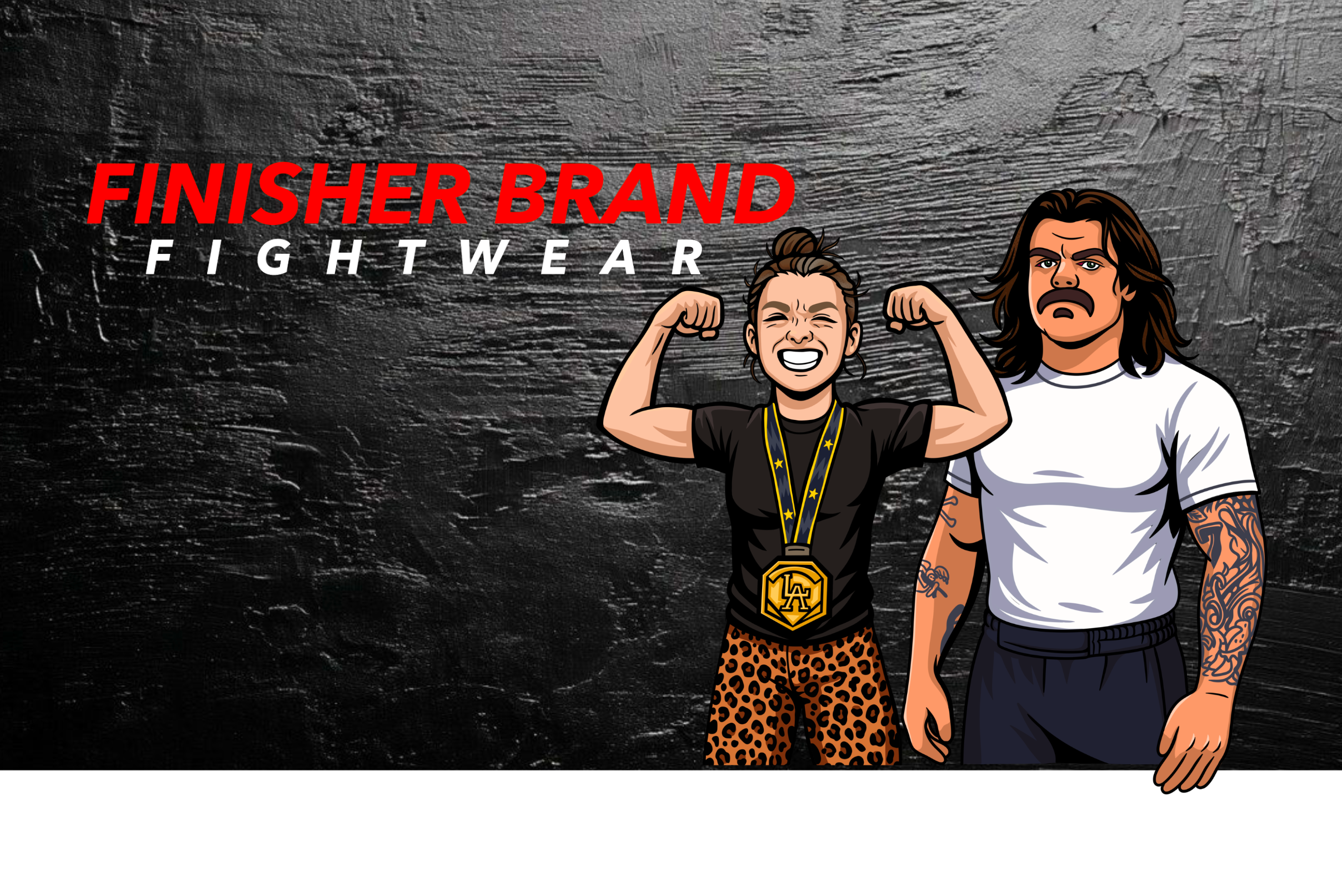 Illustration of two characters with 'Finisher Brand Fightwear' text on a dark background